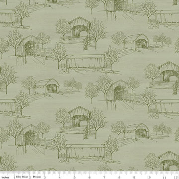Covered Bridges in Fall Toile C16212 Sage - Riley Blake Designs - Tone on Tone Scenery Landscape  - Quilting Cotton Fabric