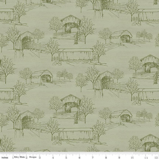 Covered Bridges in Fall Toile C16212 Sage - Riley Blake Designs - Tone on Tone Scenery Landscape  - Quilting Cotton Fabric