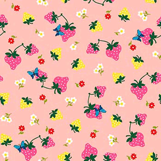 Image of Whimsies Strawberries Pink quilting cotton fabric by Claire Holliday for QT Fabrics. Features strawberries on a pink background. Cute Little Fabric Shop