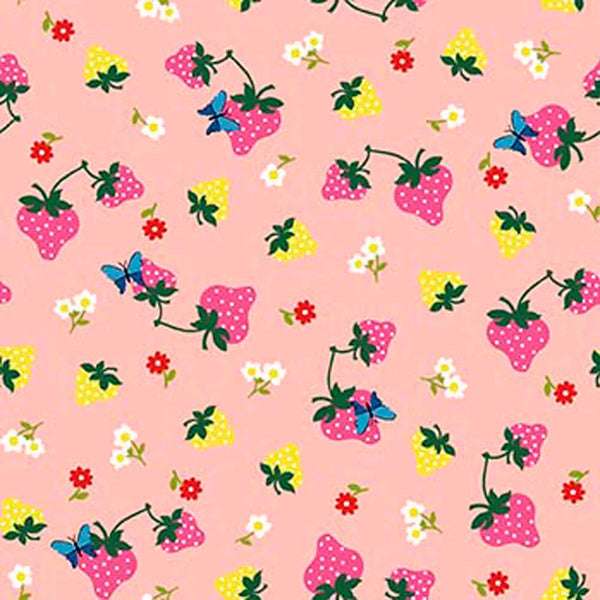 Image of Whimsies Strawberries Pink quilting cotton fabric by Claire Holliday for QT Fabrics. Features strawberries on a pink background. Cute Little Fabric Shop