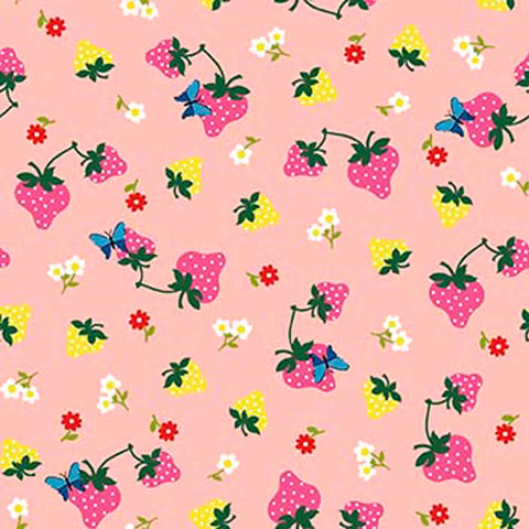 Image of Whimsies Strawberries Pink quilting cotton fabric by Claire Holliday for QT Fabrics. Features strawberries on a pink background. Cute Little Fabric Shop