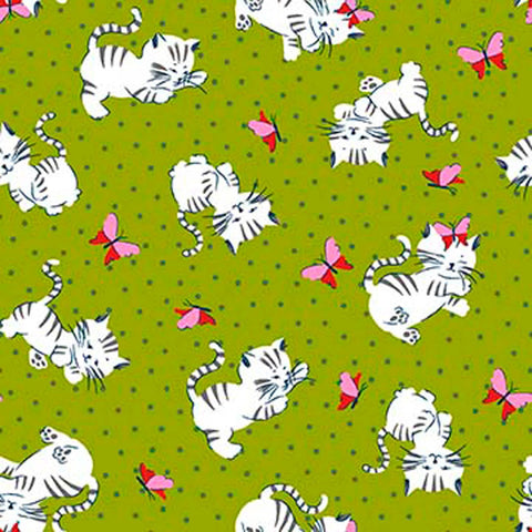 Image of Whimsies Kitties Avocado quilting cotton fabric by Claire Holliday for QT Fabrics. Features cats on a green background. Cute Little Fabric Shop