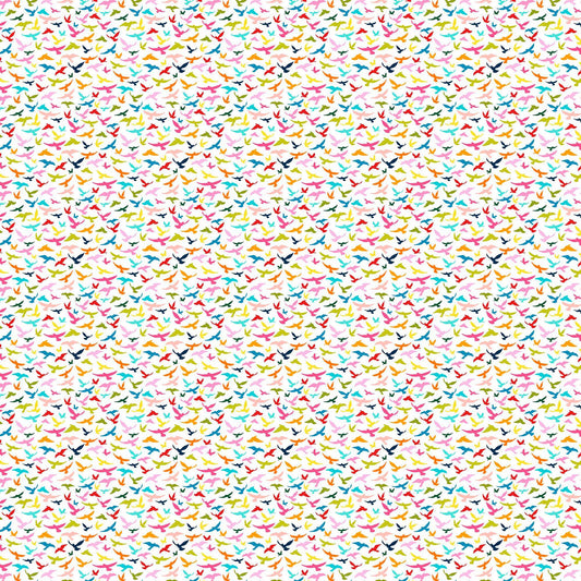 Image of Whimsies Bird Silhouettes White quilting cotton fabric by Claire Holliday for QT Fabrics. Features birds on a white background. Cute Little Fabric Shop