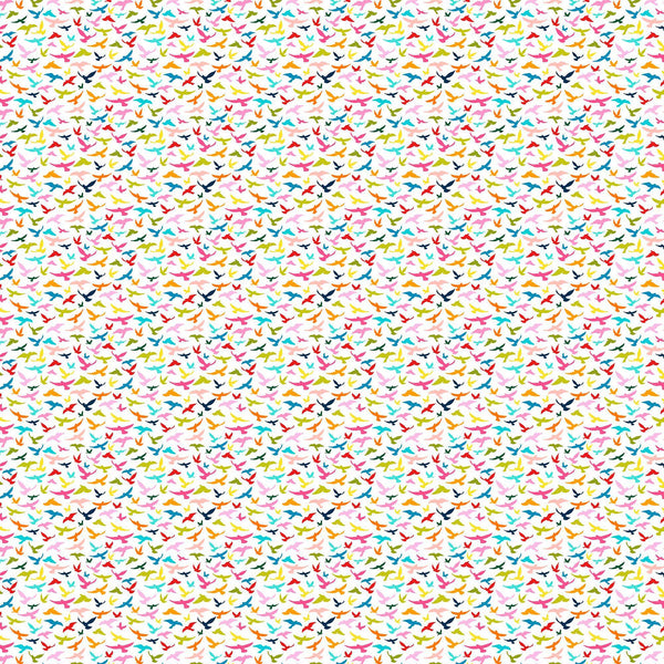 Image of Whimsies Bird Silhouettes White quilting cotton fabric by Claire Holliday for QT Fabrics. Features birds on a white background. Cute Little Fabric Shop