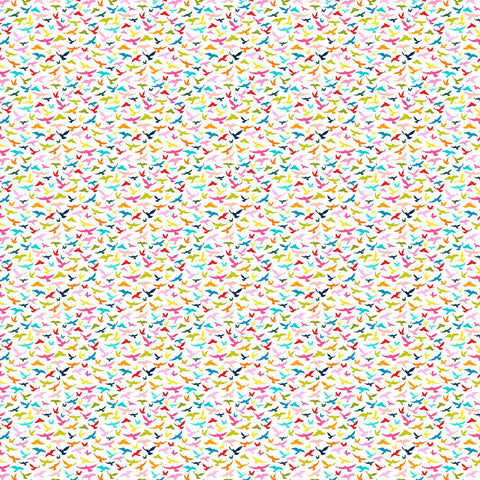 Image of Whimsies Bird Silhouettes White quilting cotton fabric by Claire Holliday for QT Fabrics. Features birds on a white background. Cute Little Fabric Shop