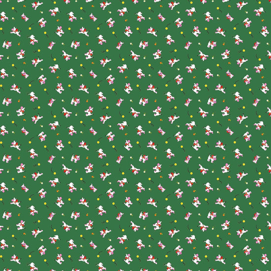 Image of Whimsies Dogs Green quilting cotton fabric by Claire Holliday for QT Fabrics. Features dogs on a green background. Cute Little Fabric Shop