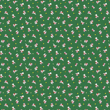 Image of Whimsies Dogs Green quilting cotton fabric by Claire Holliday for QT Fabrics. Features dogs on a green background. Cute Little Fabric Shop