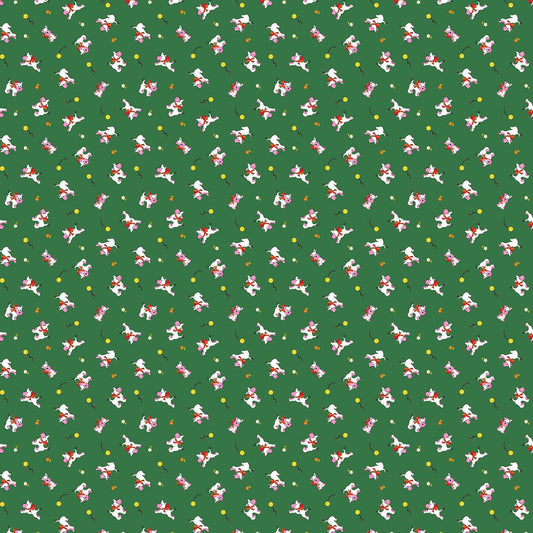 Image of Whimsies Dogs Green quilting cotton fabric by Claire Holliday for QT Fabrics. Features dogs on a green background. Cute Little Fabric Shop