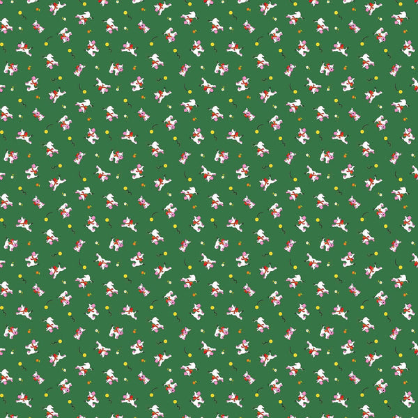 Image of Whimsies Dogs Green quilting cotton fabric by Claire Holliday for QT Fabrics. Features dogs on a green background. Cute Little Fabric Shop