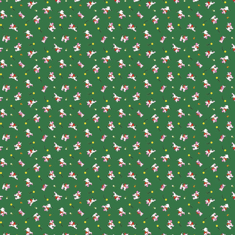 Image of Whimsies Dogs Green quilting cotton fabric by Claire Holliday for QT Fabrics. Features dogs on a green background. Cute Little Fabric Shop