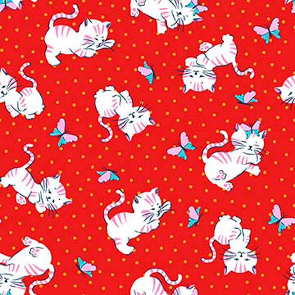 Image of Whimsies Kitties Red quilting cotton fabric by Claire Holliday for QT Fabrics. Features cats on a red background. Cute Little Fabric Shop