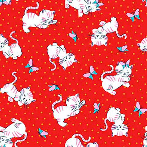 Image of Whimsies Kitties Red quilting cotton fabric by Claire Holliday for QT Fabrics. Features cats on a red background. Cute Little Fabric Shop