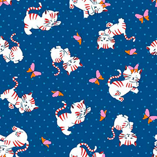 Image of Whimsies Kitties Navy quilting cotton fabric by Claire Holliday for QT Fabrics. Features cats on a blue background. Cute Little Fabric Shop