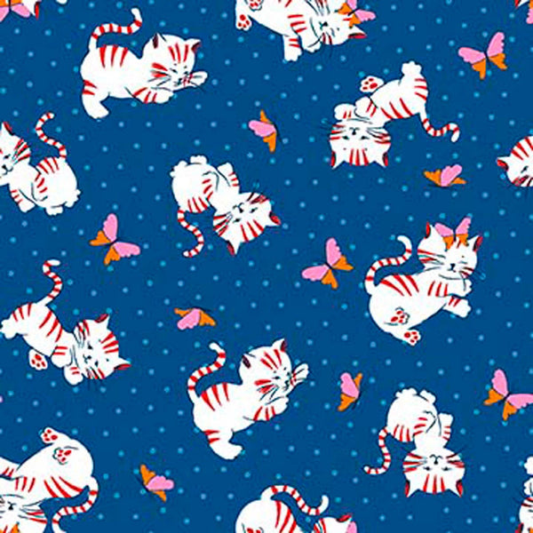 Image of Whimsies Kitties Navy quilting cotton fabric by Claire Holliday for QT Fabrics. Features cats on a blue background. Cute Little Fabric Shop