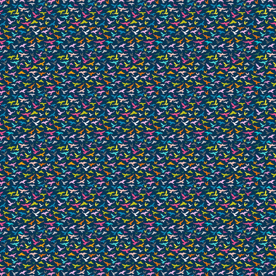 Image of Whimsies Bird Silhouettes Dark Navy quilting cotton fabric by Claire Holliday for QT Fabrics. Features birds on a blue background. Cute Little Fabric Shop