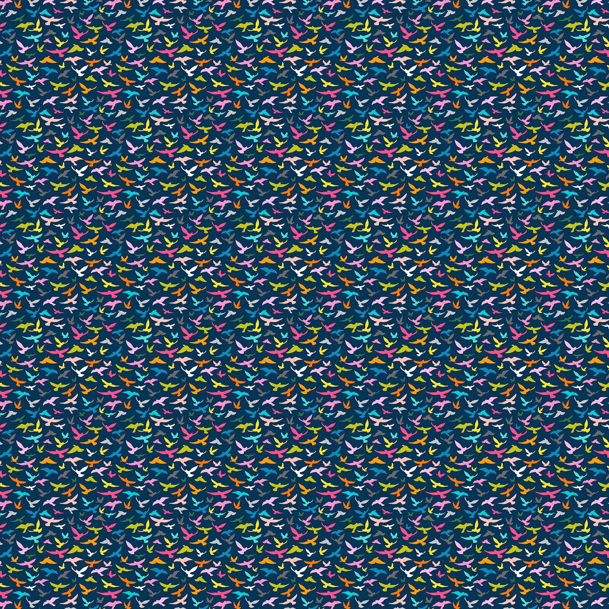 Image of Whimsies Bird Silhouettes Dark Navy quilting cotton fabric by Claire Holliday for QT Fabrics. Features birds on a blue background. Cute Little Fabric Shop