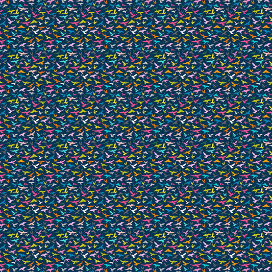 Image of Whimsies Bird Silhouettes Dark Navy quilting cotton fabric by Claire Holliday for QT Fabrics. Features birds on a blue background. Cute Little Fabric Shop