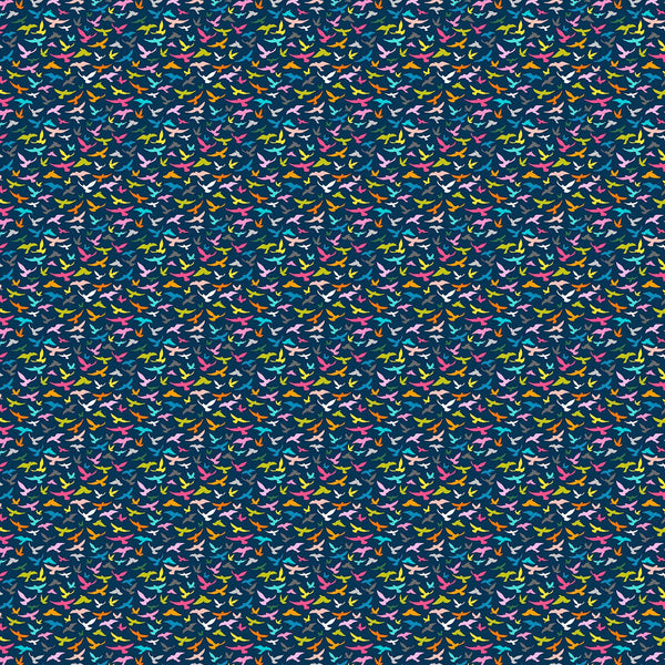 Image of Whimsies Bird Silhouettes Dark Navy quilting cotton fabric by Claire Holliday for QT Fabrics. Features birds on a blue background. Cute Little Fabric Shop