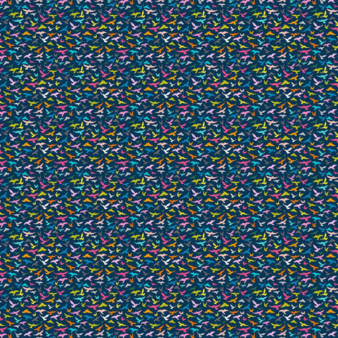 Image of Whimsies Bird Silhouettes Dark Navy quilting cotton fabric by Claire Holliday for QT Fabrics. Features birds on a blue background. Cute Little Fabric Shop