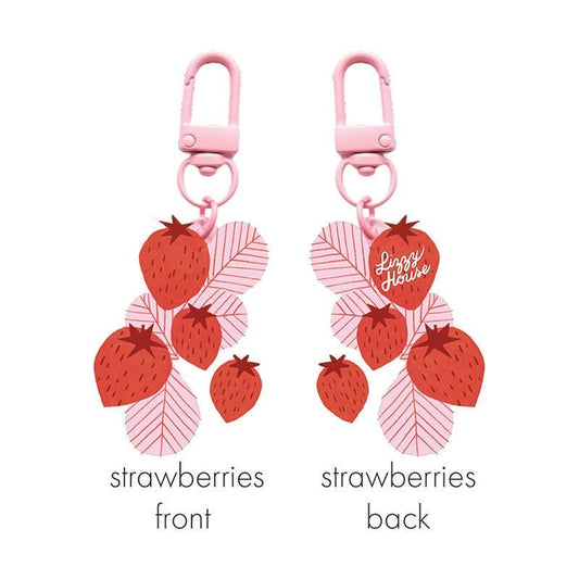 SALE Strawberry Bo Zipper Glitter Charm LHFVZ002 - Lizzy House - Moda Fabrics - Acrylic Resin Strawberries Leaves Leaf Pink