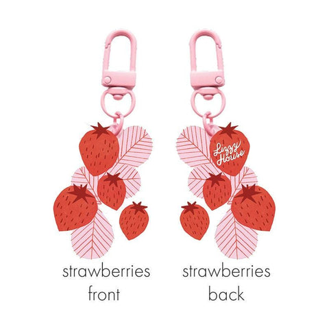 Strawberry Bo Zipper Glitter Charm LHFVZ002 by Lizzy House - Moda Fabrics - Acrylic Resin Strawberries Leaves Leaf Pink