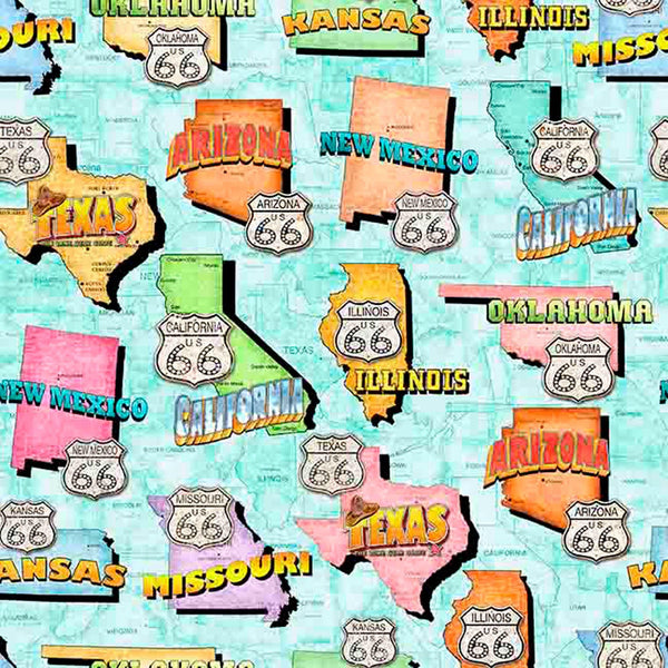 Image of Get Your Kicks 2026 Route 66 State Maps Light Turquoise quilting cotton fabric by Morris Creative Group for QT Fabrics. Features states on a blue background. Cute Little Fabric Shop