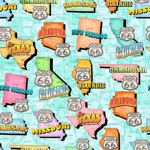Image of Get Your Kicks 2026 Route 66 State Maps Light Turquoise quilting cotton fabric by Morris Creative Group for QT Fabrics. Features states on a blue background. Cute Little Fabric Shop