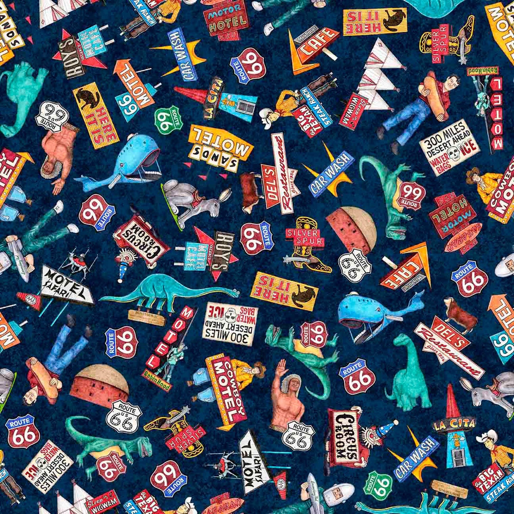 Image of Get Your Kicks 2026 Route 66 Icons Navy quilting cotton fabric by Morris Creative Group for QT Fabrics. Features icons on a blue background. Cute Little Fabric Shop