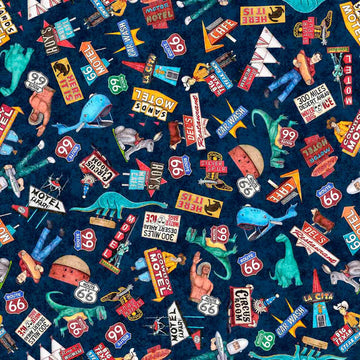 Image of Get Your Kicks 2026 Route 66 Icons Navy quilting cotton fabric by Morris Creative Group for QT Fabrics. Features icons on a blue background. Cute Little Fabric Shop