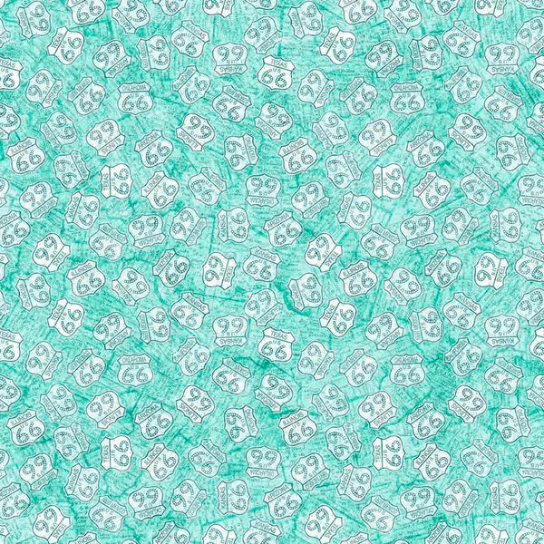 Image of Get Your Kicks 2026 Route 66 Signs Turquoise quilting cotton fabric by Morris Creative Group for QT Fabrics. Features signs on a blue background. Cute Little Fabric Shop