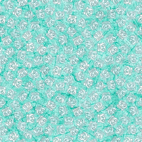 Image of Get Your Kicks 2026 Route 66 Signs Turquoise quilting cotton fabric by Morris Creative Group for QT Fabrics. Features signs on a blue background. Cute Little Fabric Shop