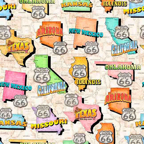 Image of Get Your Kicks 2026 Route 66 State Maps Tan quilting cotton fabric by Morris Creative Group for QT Fabrics. Features states on a beige background. Cute Little Fabric Shop