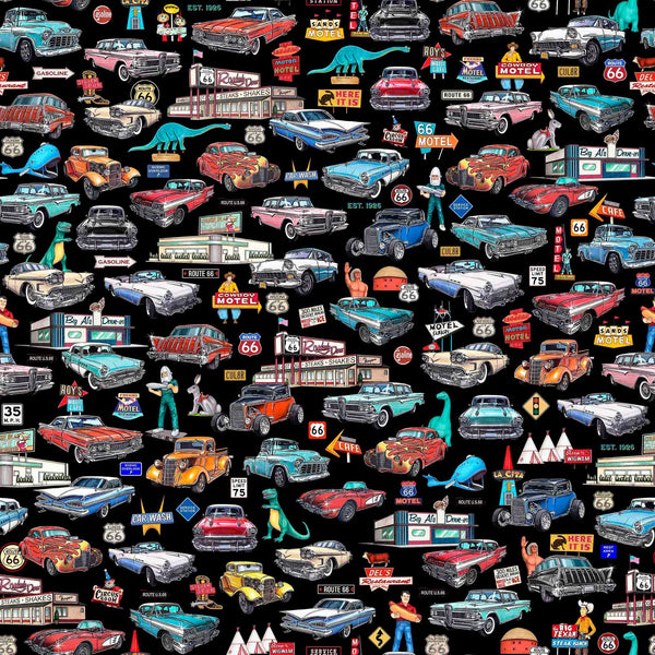 Image of Get Your Kicks 2026 Route 66 Classic Cars and Icons Black quilting cotton fabric by Morris Creative Group for QT Fabrics. Features cars on a black background. Cute Little Fabric Shop