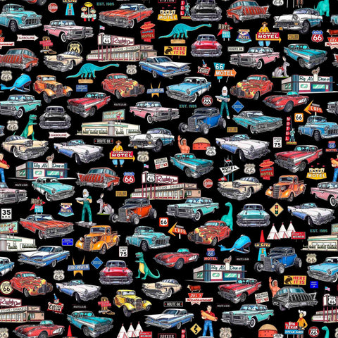 Image of Get Your Kicks 2026 Route 66 Classic Cars and Icons Black quilting cotton fabric by Morris Creative Group for QT Fabrics. Features cars on a black background. Cute Little Fabric Shop
