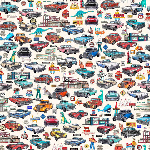 Image of Get Your Kicks 2026 Route 66 Classic Cars and Icons Cream quilting cotton fabric by Morris Creative Group for QT Fabrics. Features cars on an off-white background. Cute Little Fabric Shop