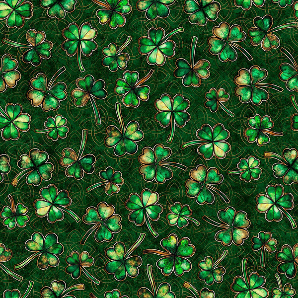 Image of Spirit of Ireland Shamrocks Green quilting cotton fabric by Morris Creative Group for QT Fabrics. Features clovers on a green background. Cute Little Fabric Shop