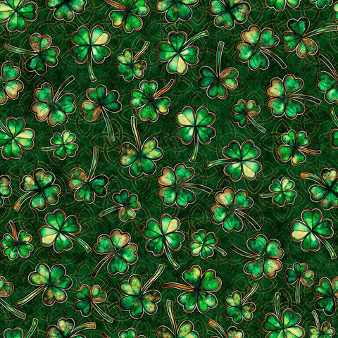Image of Spirit of Ireland Shamrocks Green quilting cotton fabric by Morris Creative Group for QT Fabrics. Features clovers on a green background. Cute Little Fabric Shop