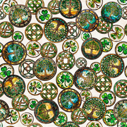 Image of Spirit of Ireland Celtic Medallions Eggshell quilting cotton fabric by Morris Creative Group for QT Fabrics. Features tokens on a white background. Cute Little Fabric Shop