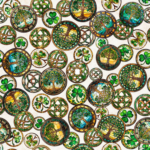 Image of Spirit of Ireland Celtic Medallions Eggshell quilting cotton fabric by Morris Creative Group for QT Fabrics. Features tokens on a white background. Cute Little Fabric Shop