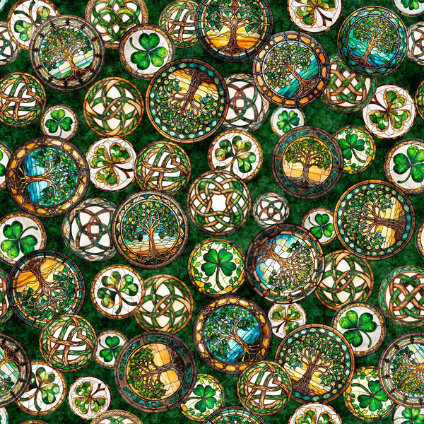 Image of Spirit of Ireland Celtic Medallions Forest quilting cotton fabric by Morris Creative Group for QT Fabrics. Features tokens on a green background. Cute Little Fabric Shop