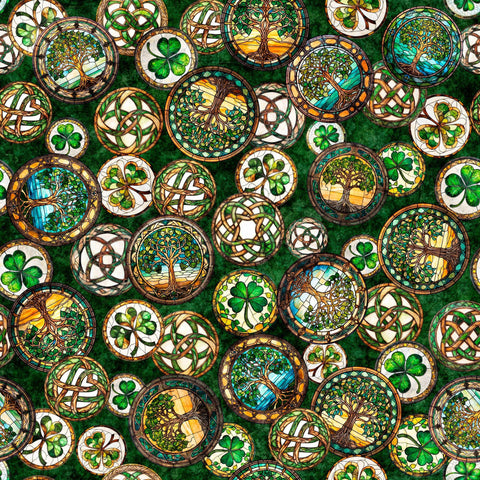 Image of Spirit of Ireland Celtic Medallions Forest quilting cotton fabric by Morris Creative Group for QT Fabrics. Features tokens on a green background. Cute Little Fabric Shop
