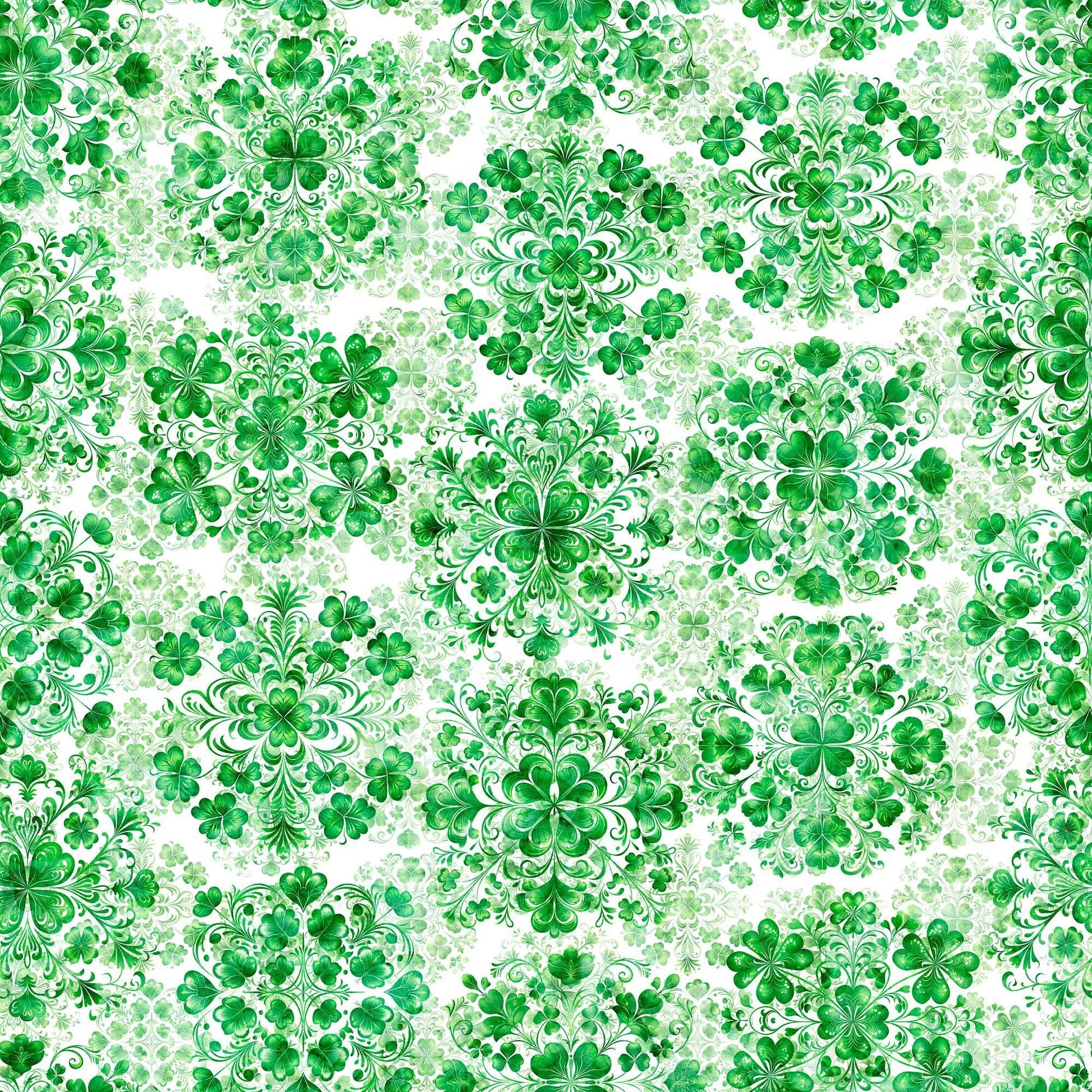 Image of Spirit of Ireland Shamrock Clusters White quilting cotton fabric by Morris Creative Group for QT Fabrics. Features clovers on a white background. Cute Little Fabric Shop
