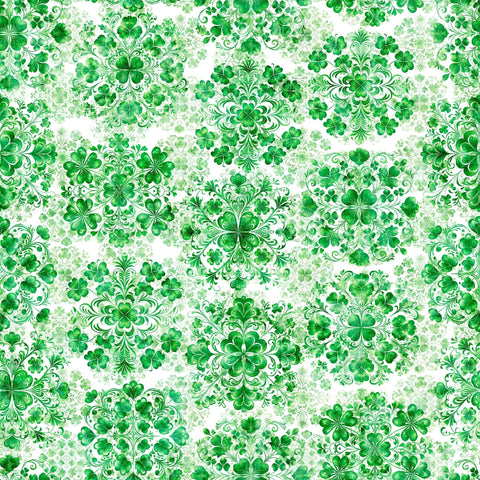 Image of Spirit of Ireland Shamrock Clusters White quilting cotton fabric by Morris Creative Group for QT Fabrics. Features clovers on a white background. Cute Little Fabric Shop