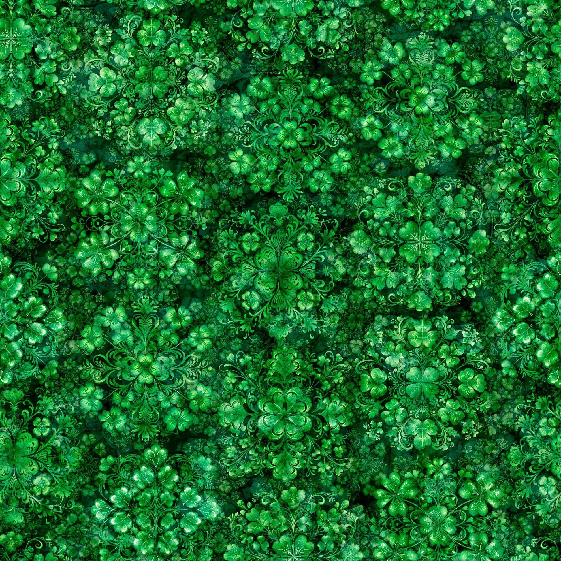 Image of Spirit of Ireland Shamrock Clusters Green quilting cotton fabric by Morris Creative Group for QT Fabrics. Features clovers on a green background. Cute Little Fabric Shop