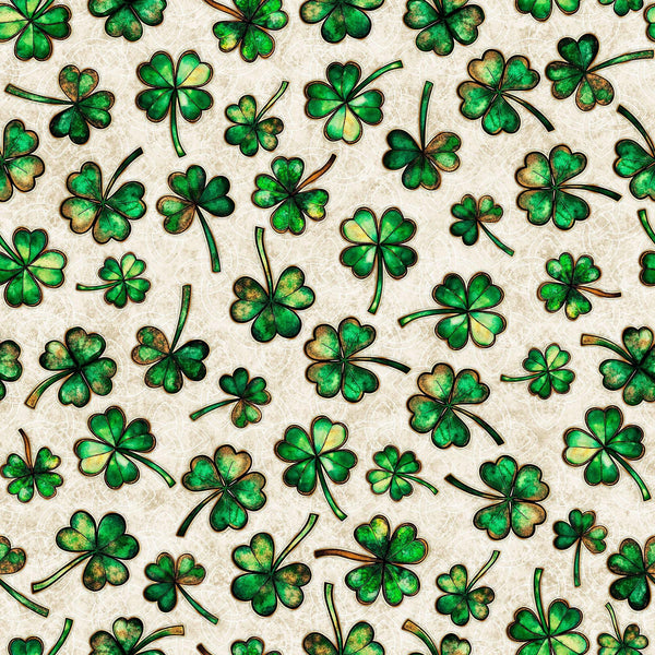 Image of Spirit of Ireland Shamrocks Tan quilting cotton fabric by Morris Creative Group for QT Fabrics. Features clovers on a cream background. Cute Little Fabric Shop