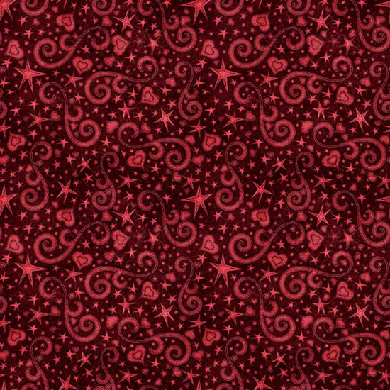 Image of Hearts & Hugs Hearts and Scroll Garnet quilting cotton fabric by Morris Creative Group for QT Fabric. Features shapes on a red background. Cute Little Fabric Shop