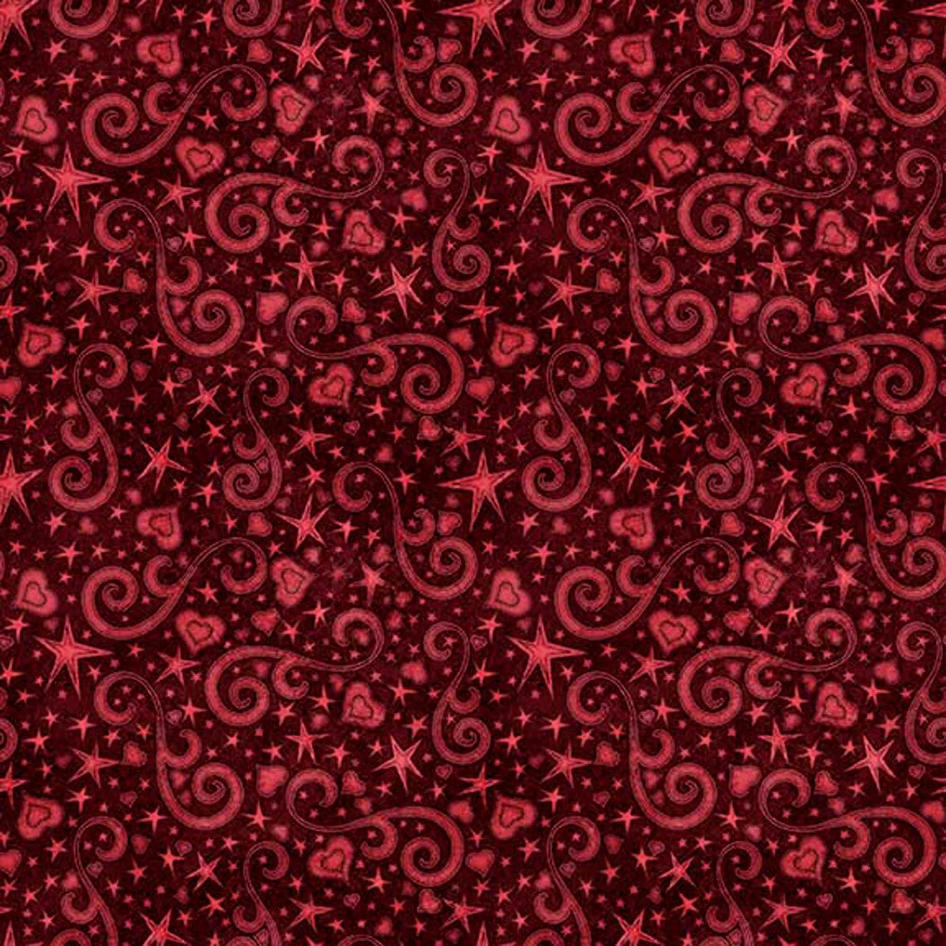 Image of Hearts & Hugs Hearts and Scroll Garnet quilting cotton fabric by Morris Creative Group for QT Fabric. Features shapes on a red background. Cute Little Fabric Shop
