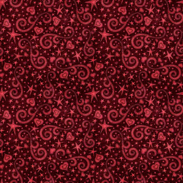 Image of Hearts & Hugs Hearts and Scroll Garnet quilting cotton fabric by Morris Creative Group for QT Fabric. Features shapes on a red background. Cute Little Fabric Shop