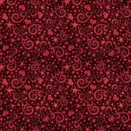 Image of Hearts & Hugs Hearts and Scroll Garnet quilting cotton fabric by Morris Creative Group for QT Fabric. Features shapes on a red background. Cute Little Fabric Shop