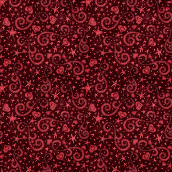 Image of Hearts & Hugs Hearts and Scroll Garnet quilting cotton fabric by Morris Creative Group for QT Fabric. Features shapes on a red background. Cute Little Fabric Shop